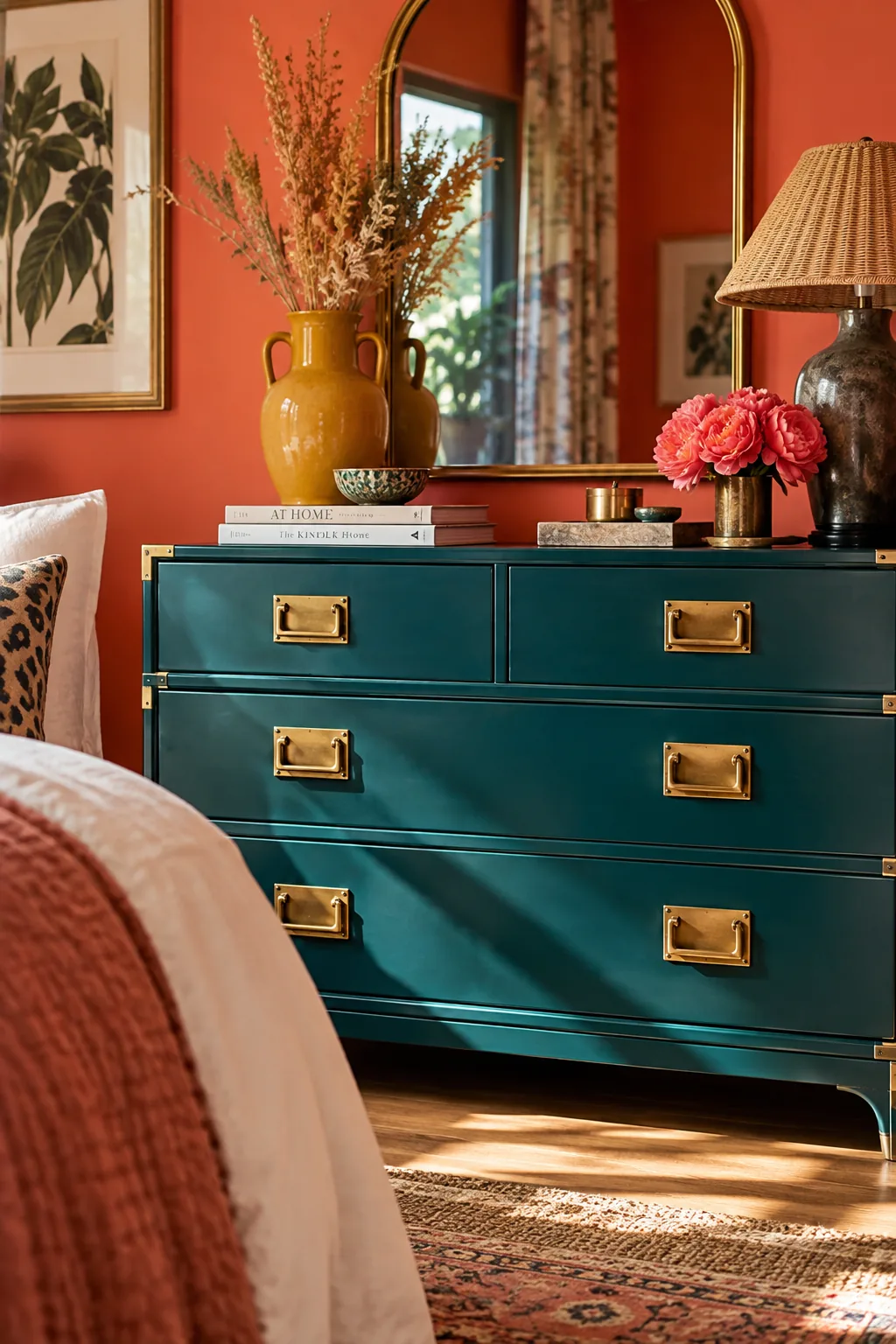 Close-up of heavy unlacquered brass pulls on a wooden dresser drawer