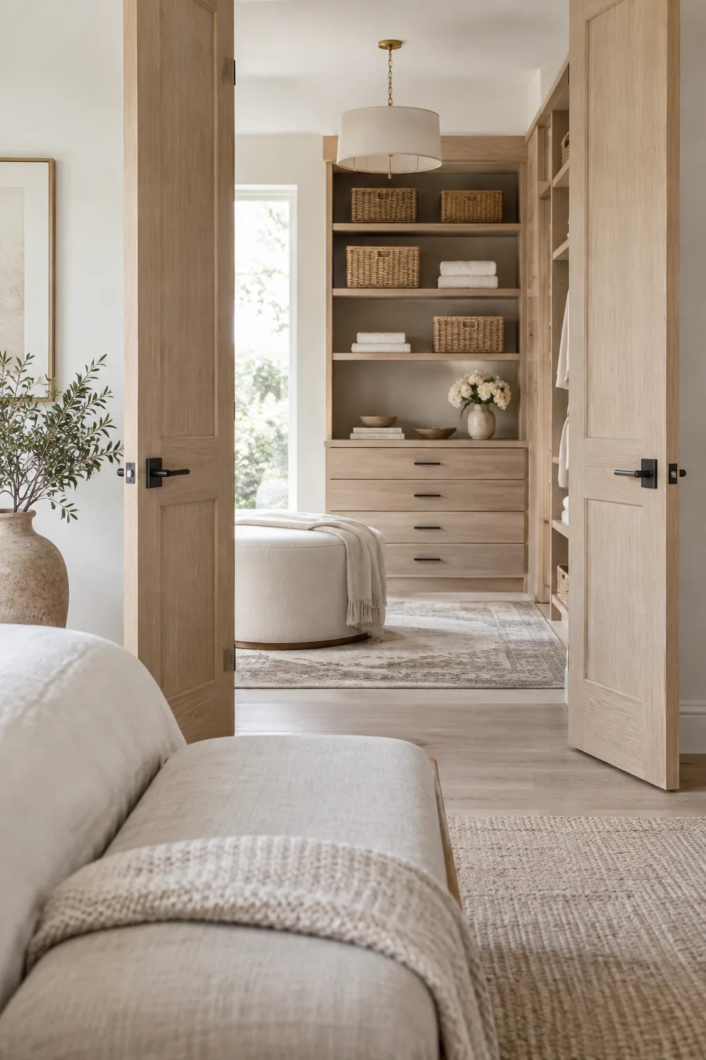A highly organized bedroom shelf featuring woven storage baskets and matching velvet hangers