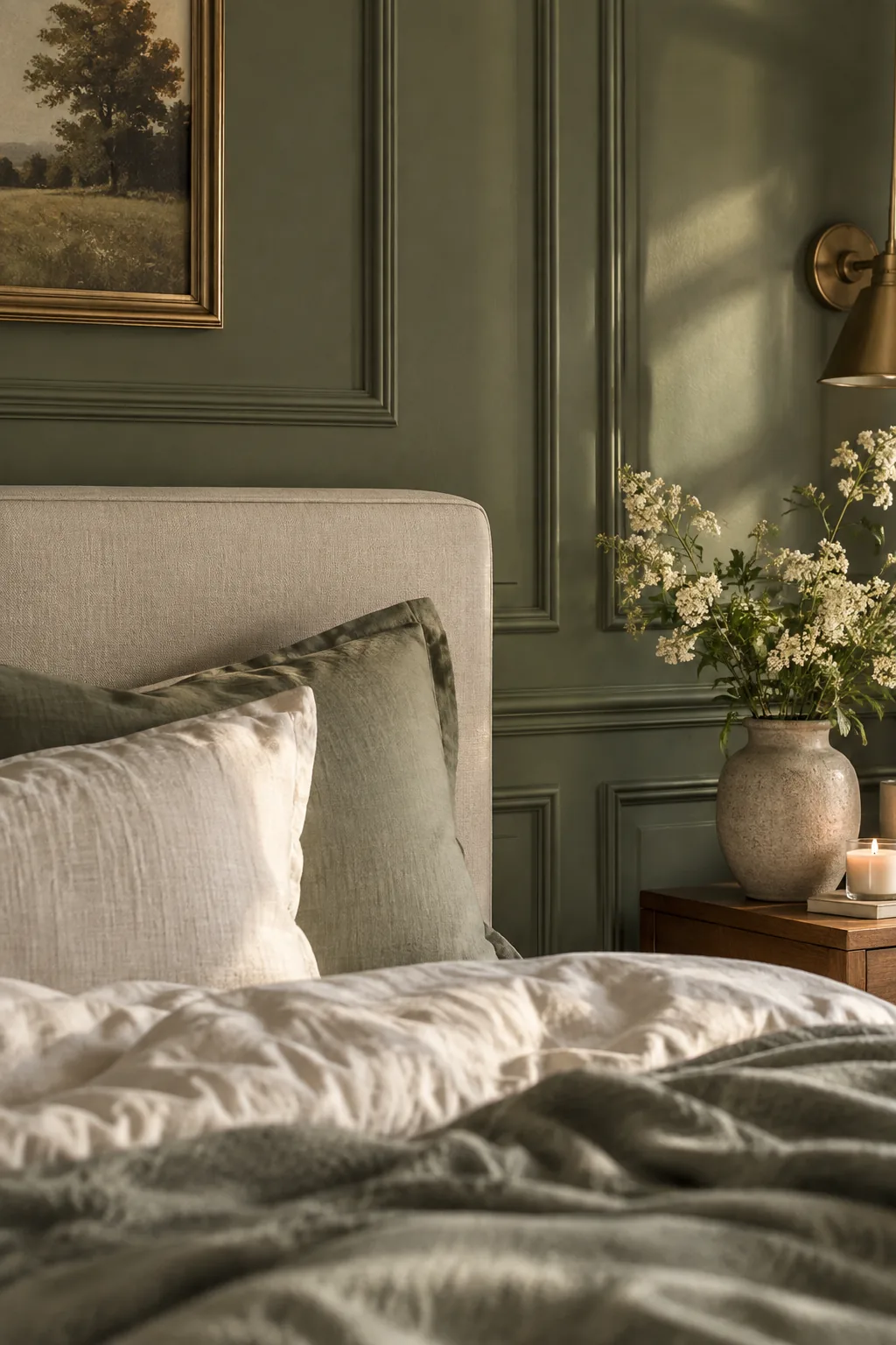 A bedroom wall featuring elegant picture frame molding painted in a rich, dark hue