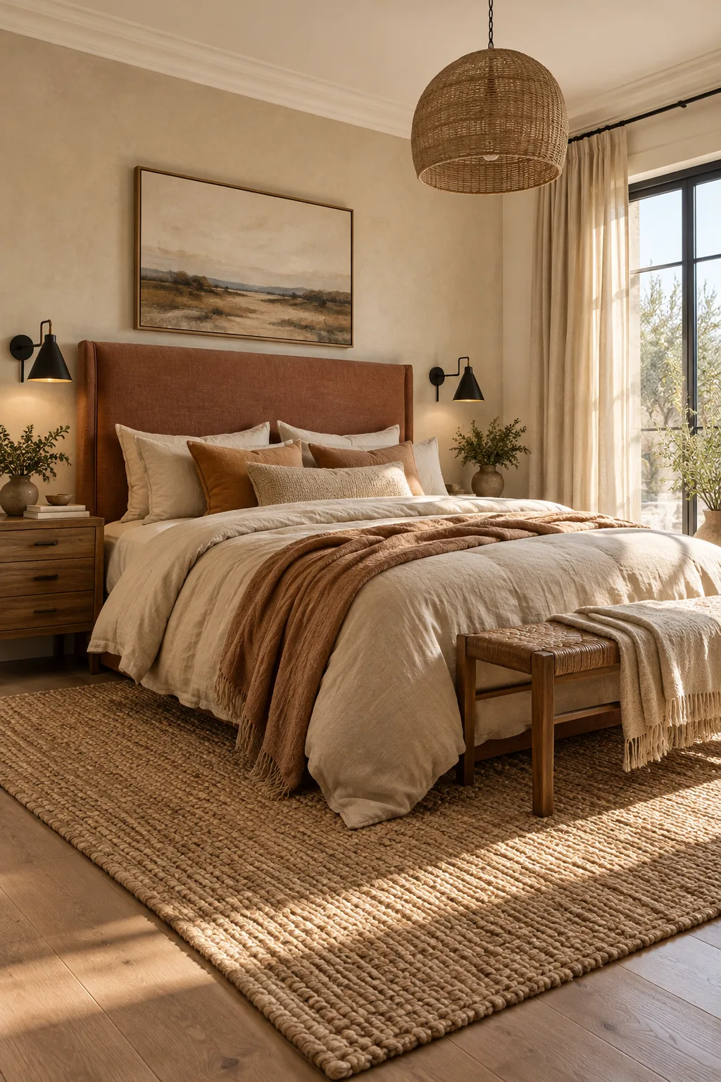 A warm minimalist bedroom with a terracotta linen headboard, sand bedding, and matte black sconces.