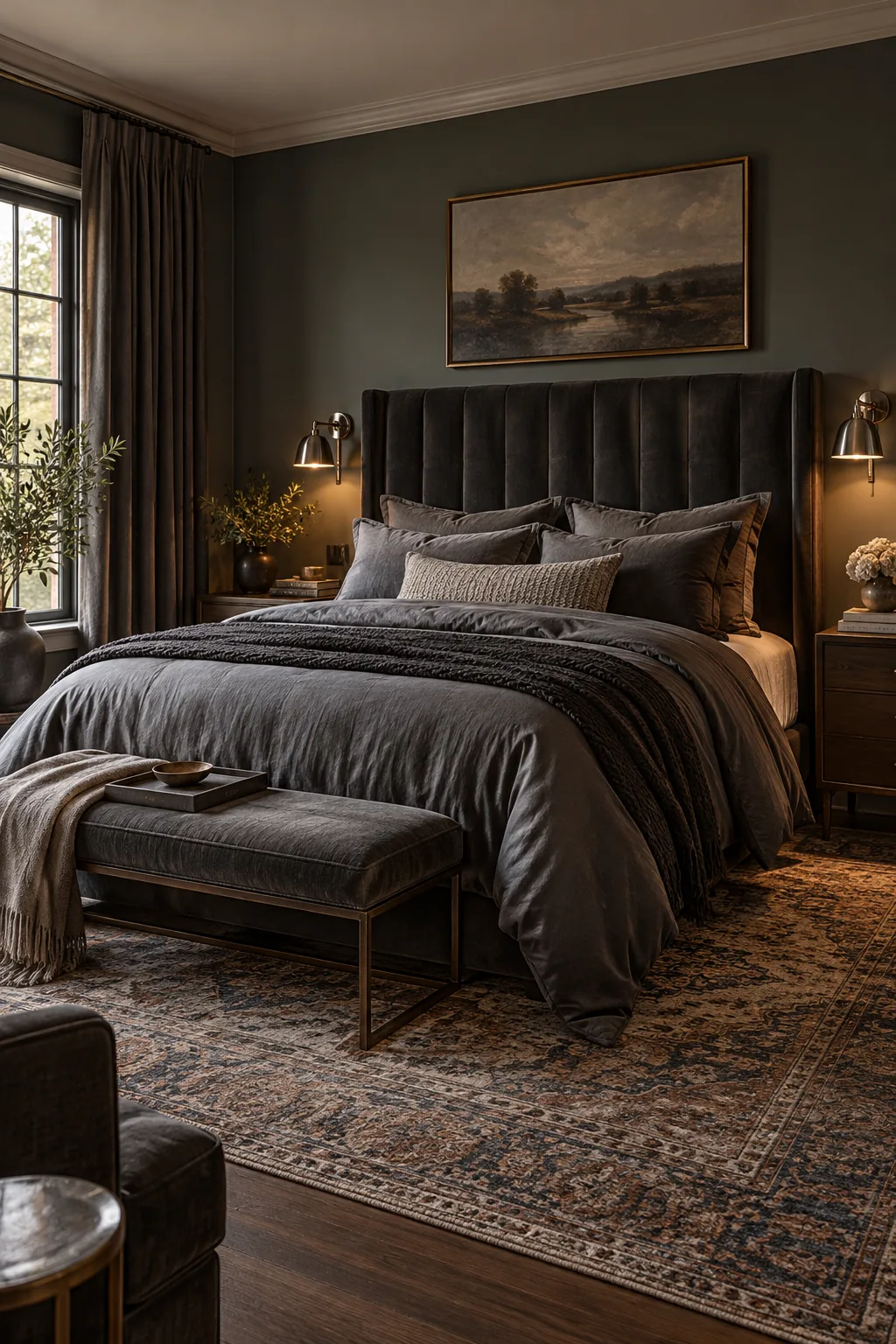 A moody luxury bedroom featuring a charcoal velvet headboard, dark grey bedding, and polished nickel sconces.