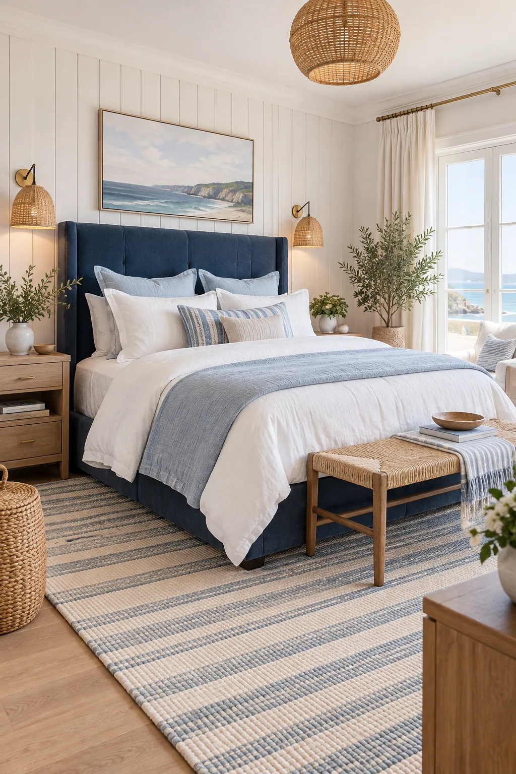 A coastal luxury bedroom with a navy blue headboard, crisp white and blue bedding, and rattan sconces.