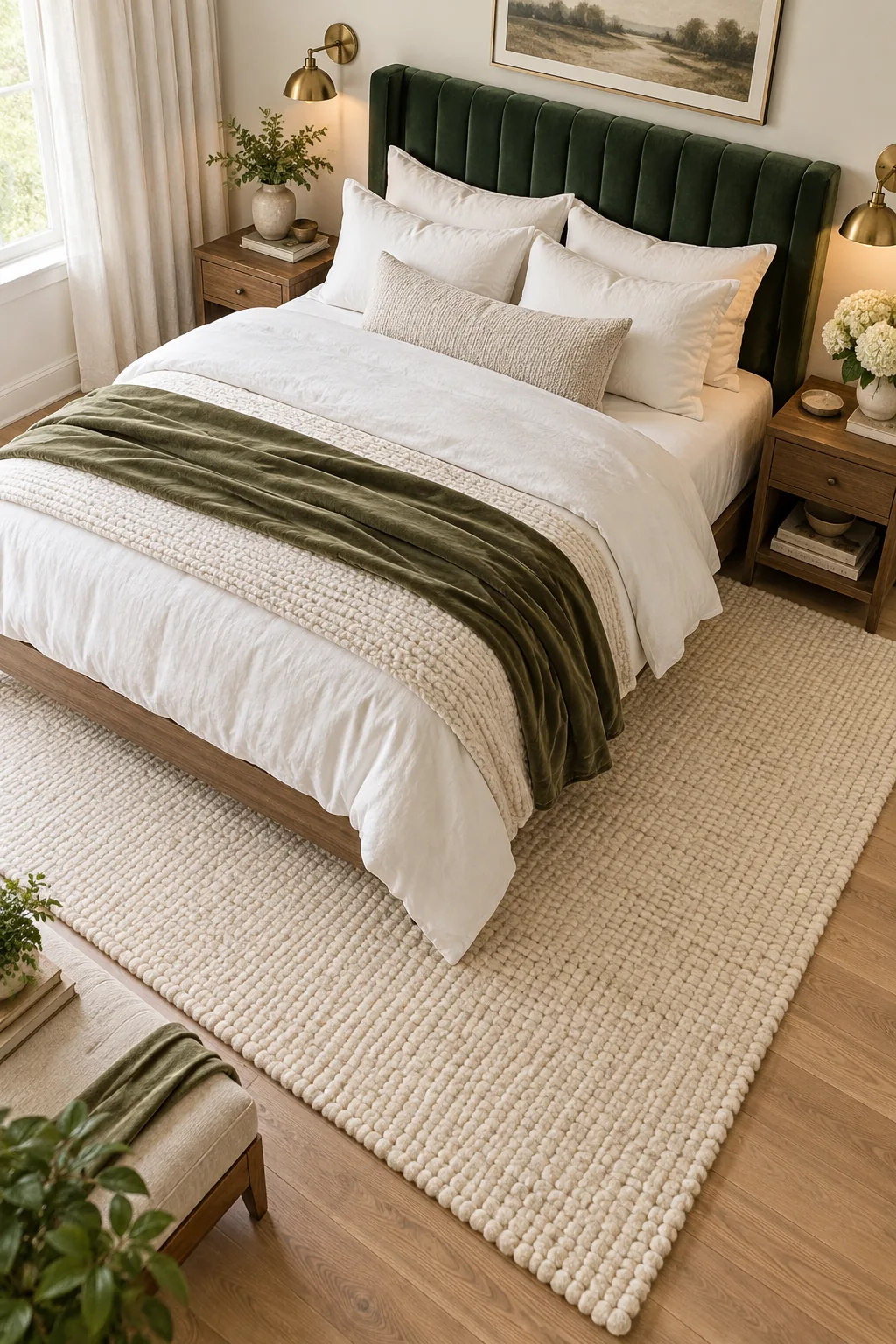 Low angle view of a thick cream wool rug extending generously past a wooden bed frame and nightstand on a hardwood floor.