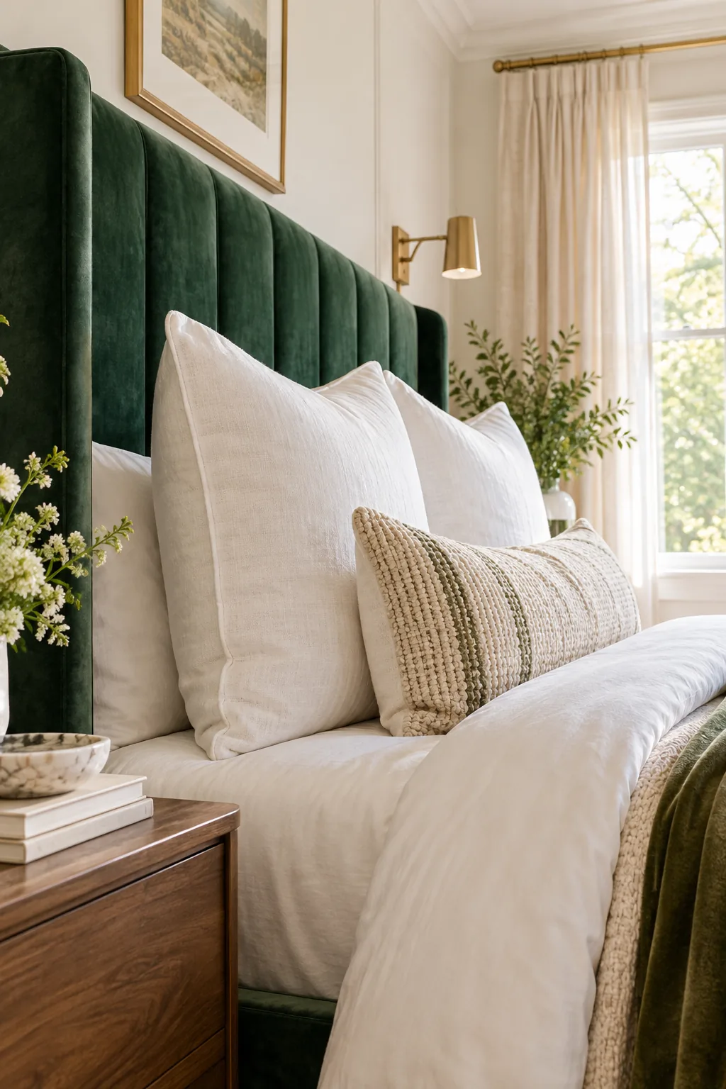 Close-up of plump, perfectly filled white euro sham pillows standing upright against an emerald green velvet headboard.
