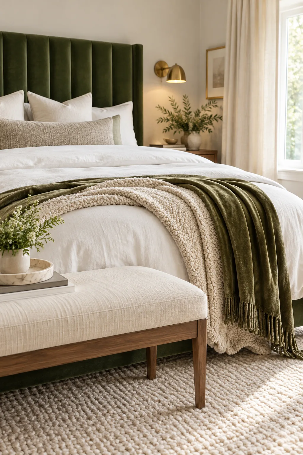 A brass curtain rod mounted just below the ceiling line with cream linen curtains hanging down.