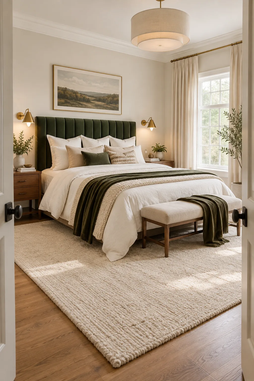 Layered bedding at the foot of a bed featuring white linen, cream bouclé, and olive green velvet fabrics.