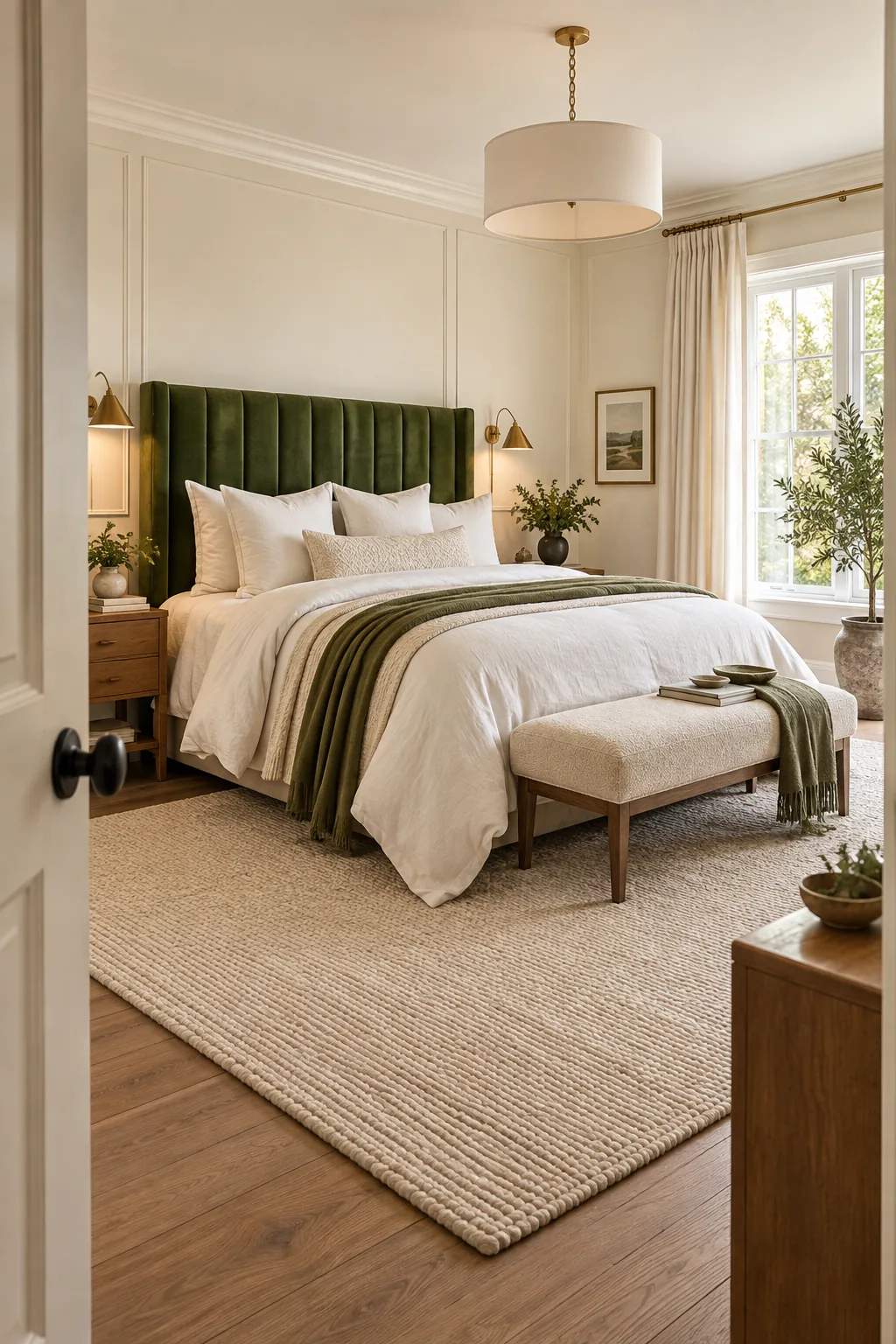 A wide view of a perfectly proportioned luxury bedroom with an emerald headboard, oversized duvet, and high curtains.