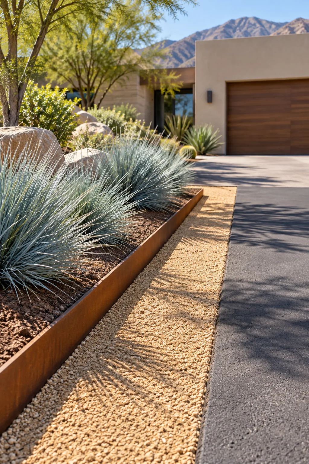 Modern desert driveway edge with decomposed granite, corten steel, and blue fescue.