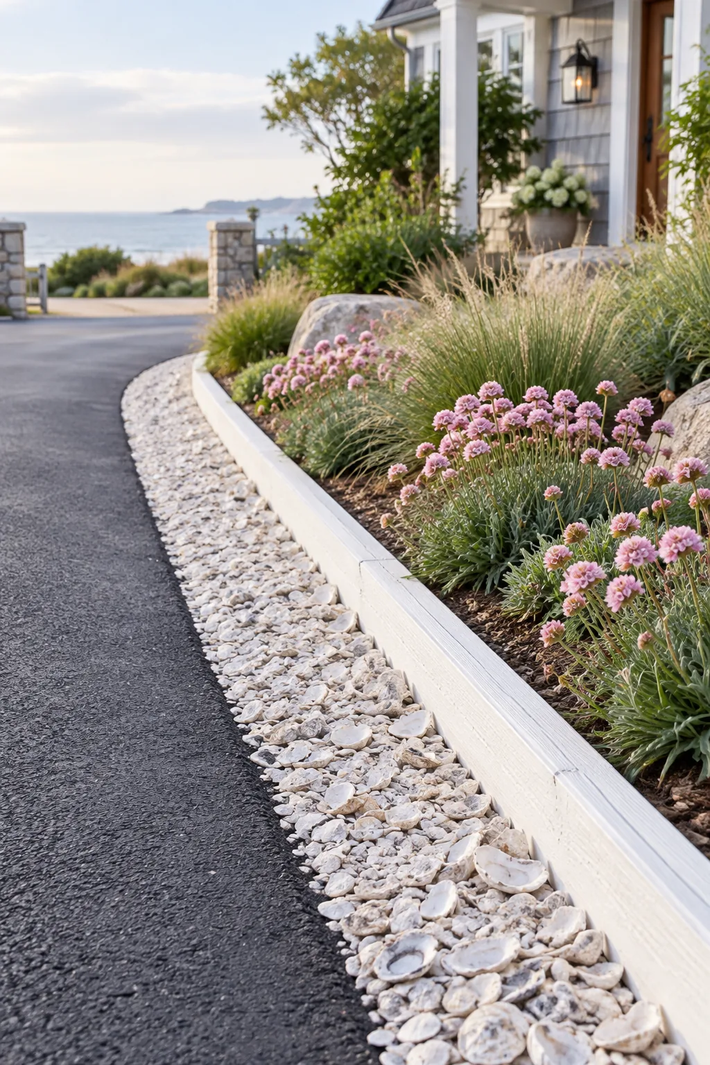 Coastal cottage driveway edge featuring crushed oyster shells, white wood edging, and sea thrift.