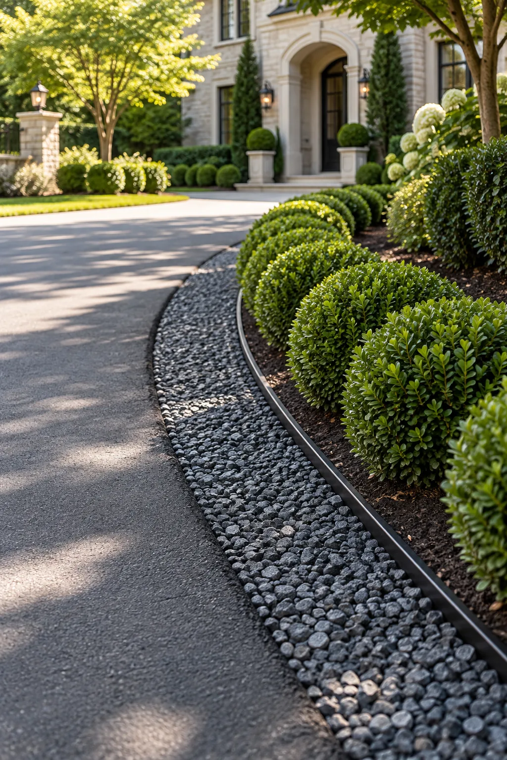 Formal traditional driveway edge with dark basalt gravel, black aluminum edging, and dwarf boxwoods.