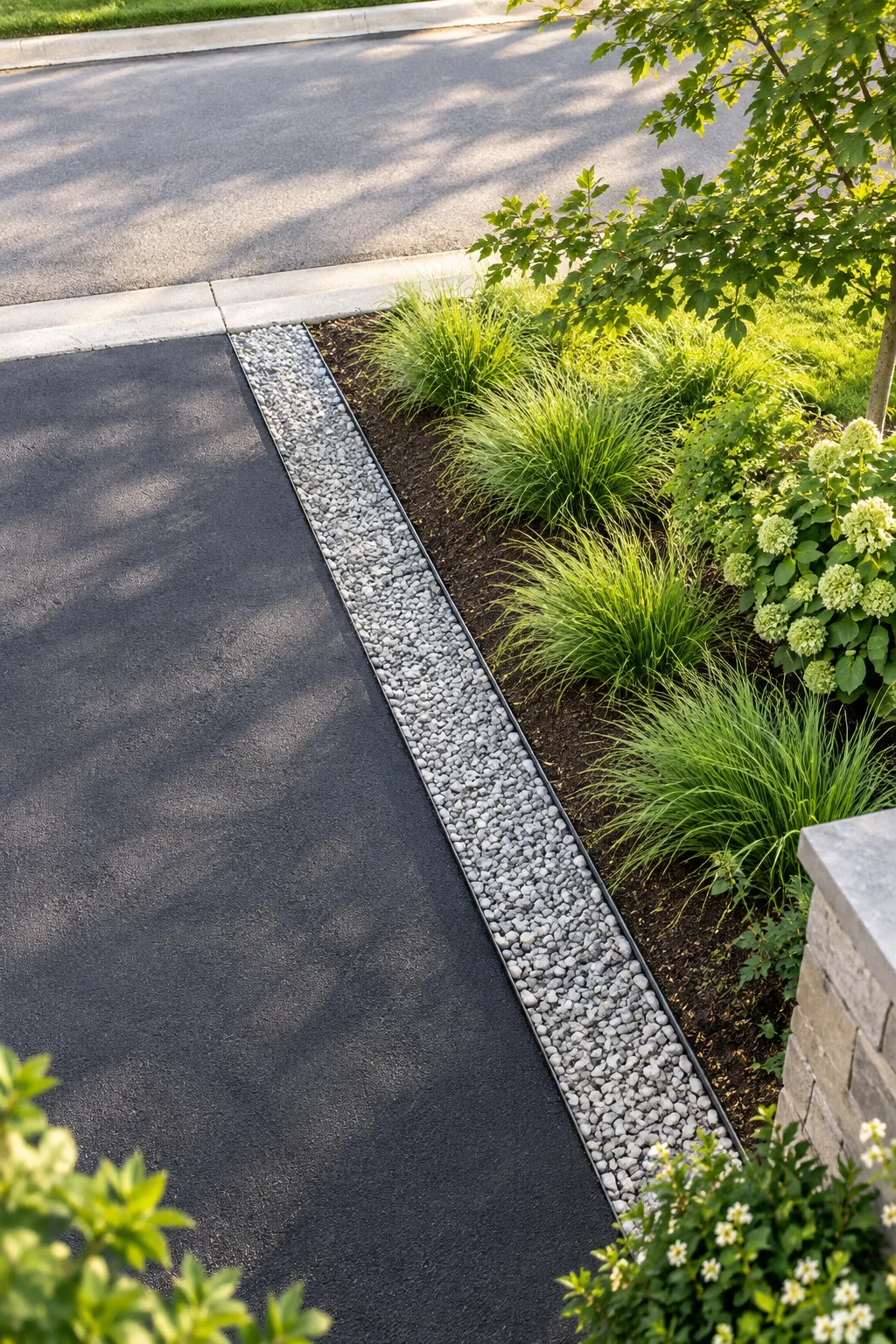 A wide view of a landscaped driveway border separating the asphalt from the street.