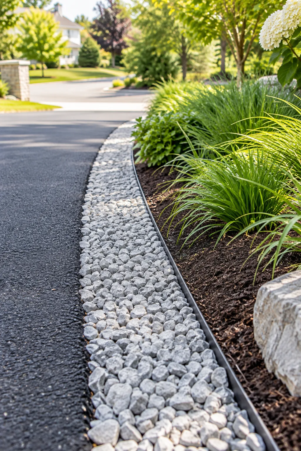 Close-up of a 12-inch crushed stone buffer running alongside a dark asphalt driveway.