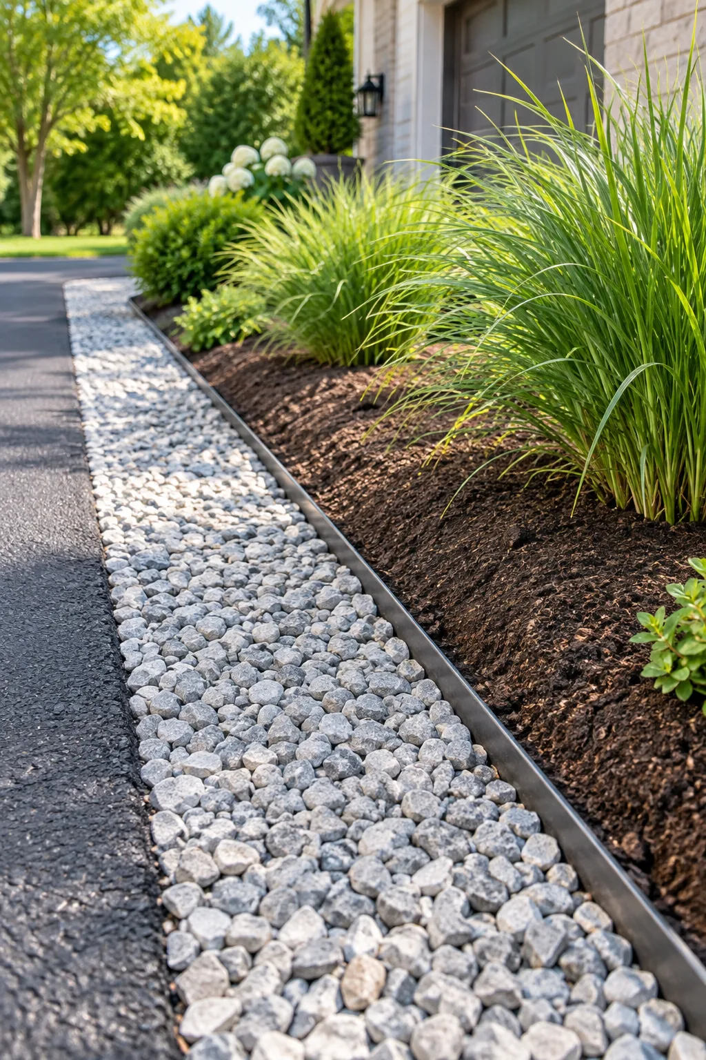 Flush recessed steel edging separating a gravel driveway buffer from a soil planting bed.