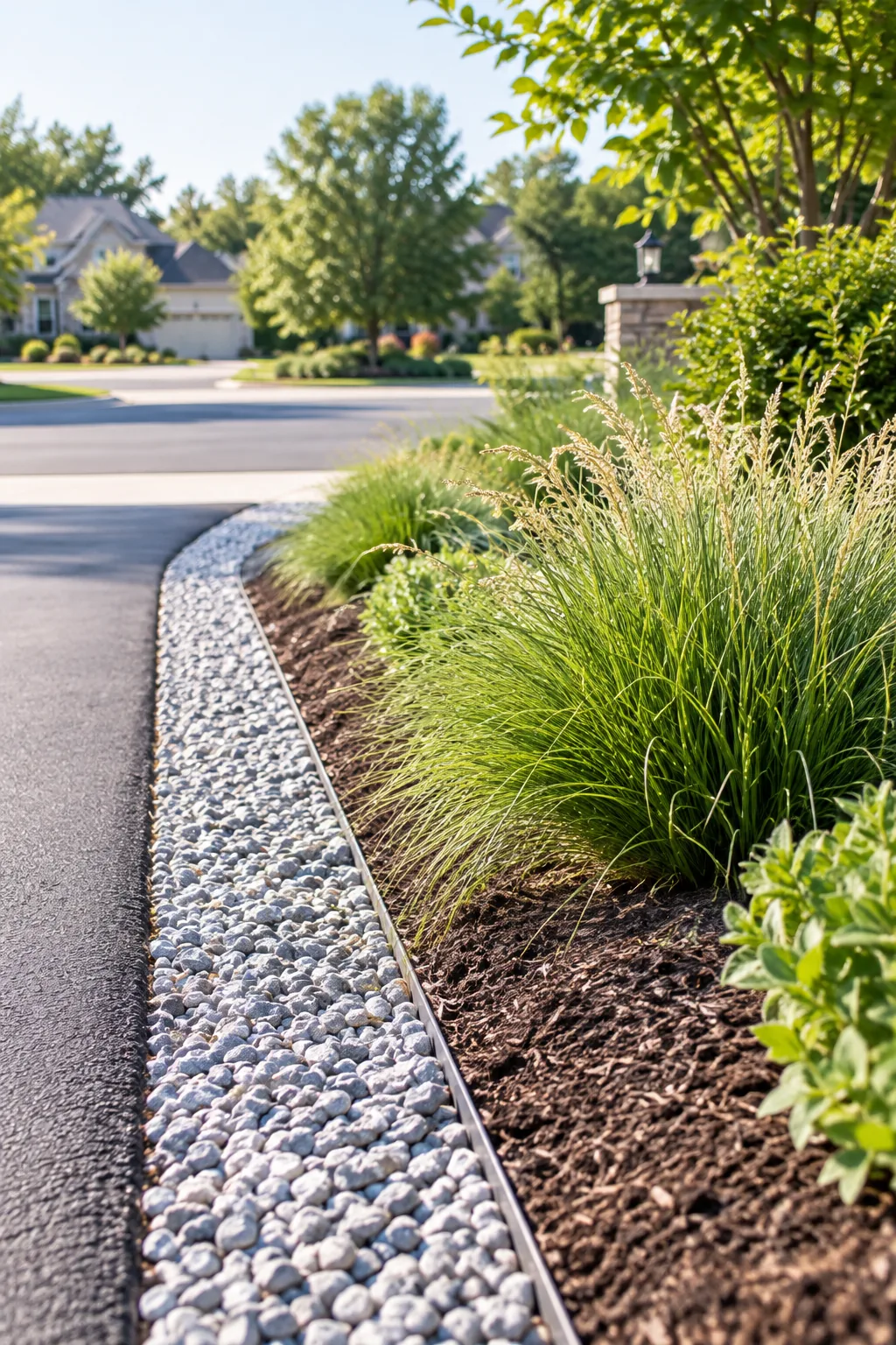Side profile of a gently raised soil berm lifting ornamental grasses above the driveway level.