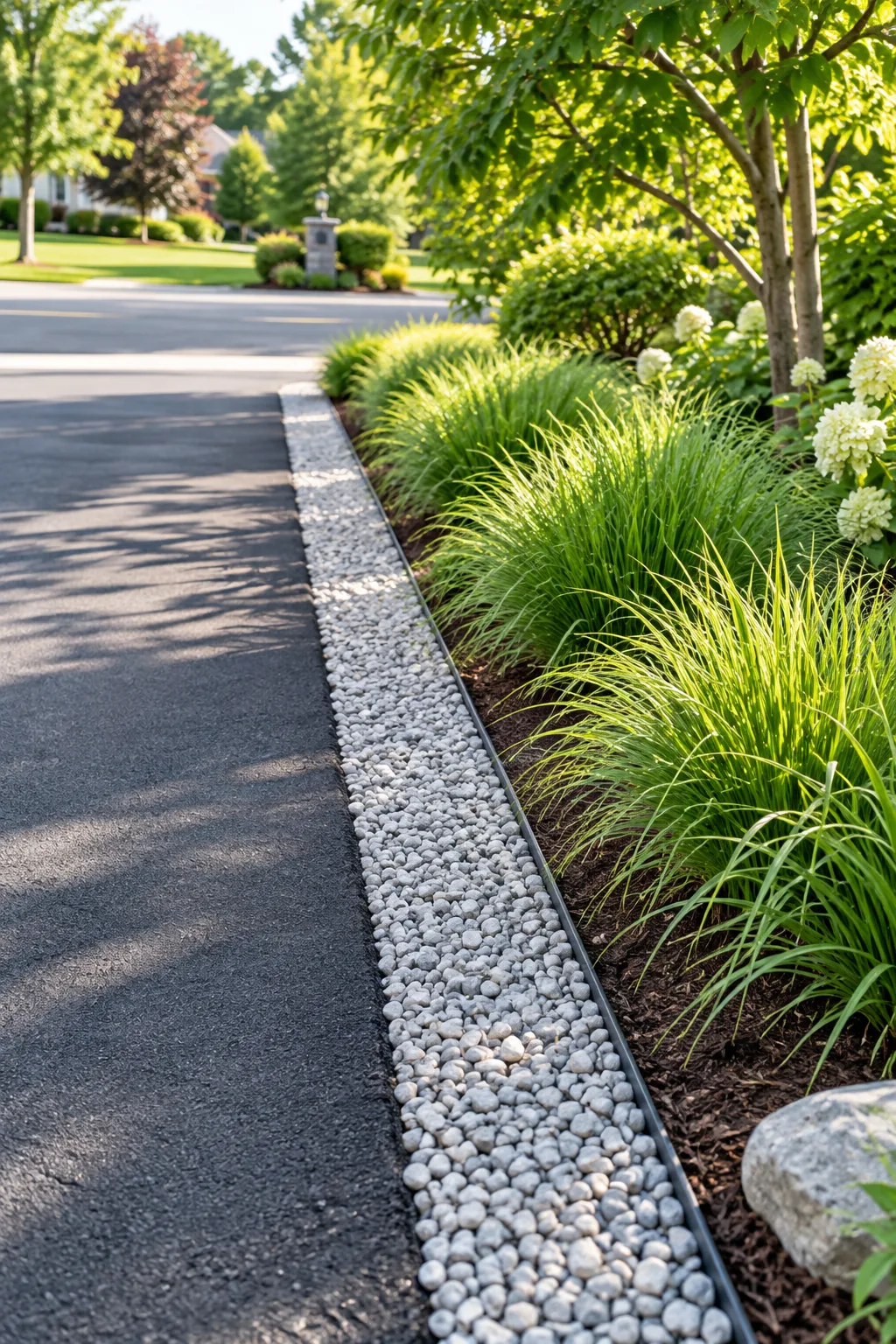 Vibrant, low-growing ornamental grasses thriving in a sunlit driveway planting bed.