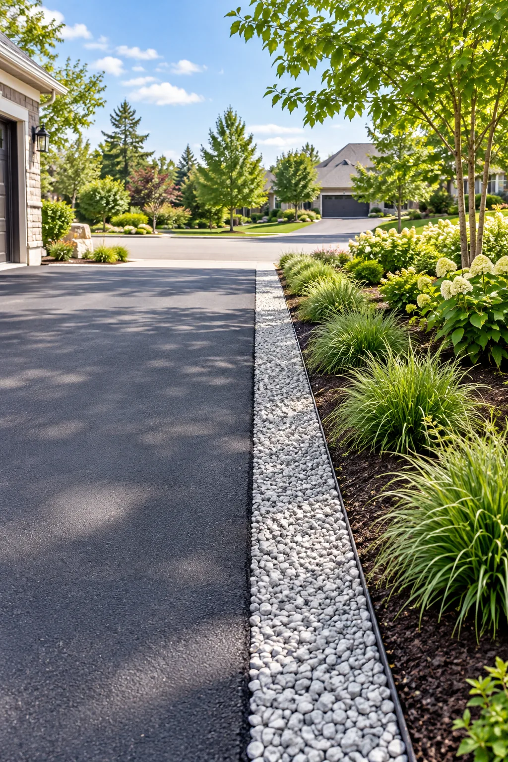 A clear line of sight down a driveway, looking over short ornamental grasses.