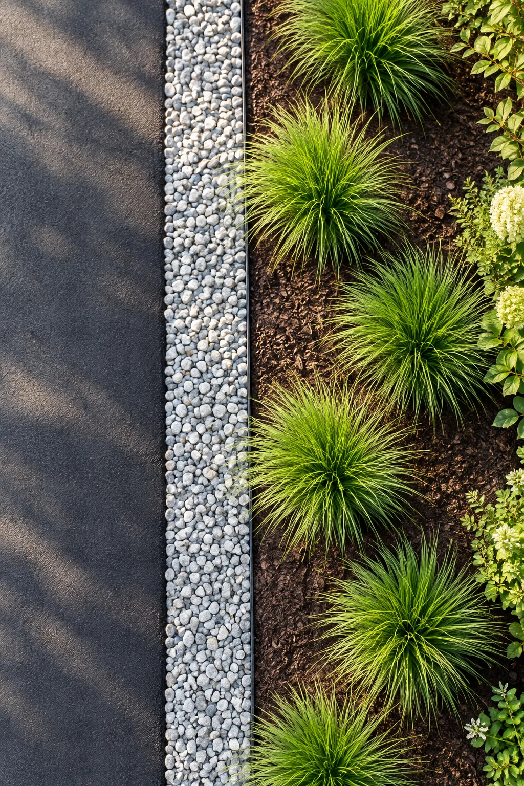 Overhead view of a driveway border showing asphalt, gravel, steel edging, and staggered grasses.