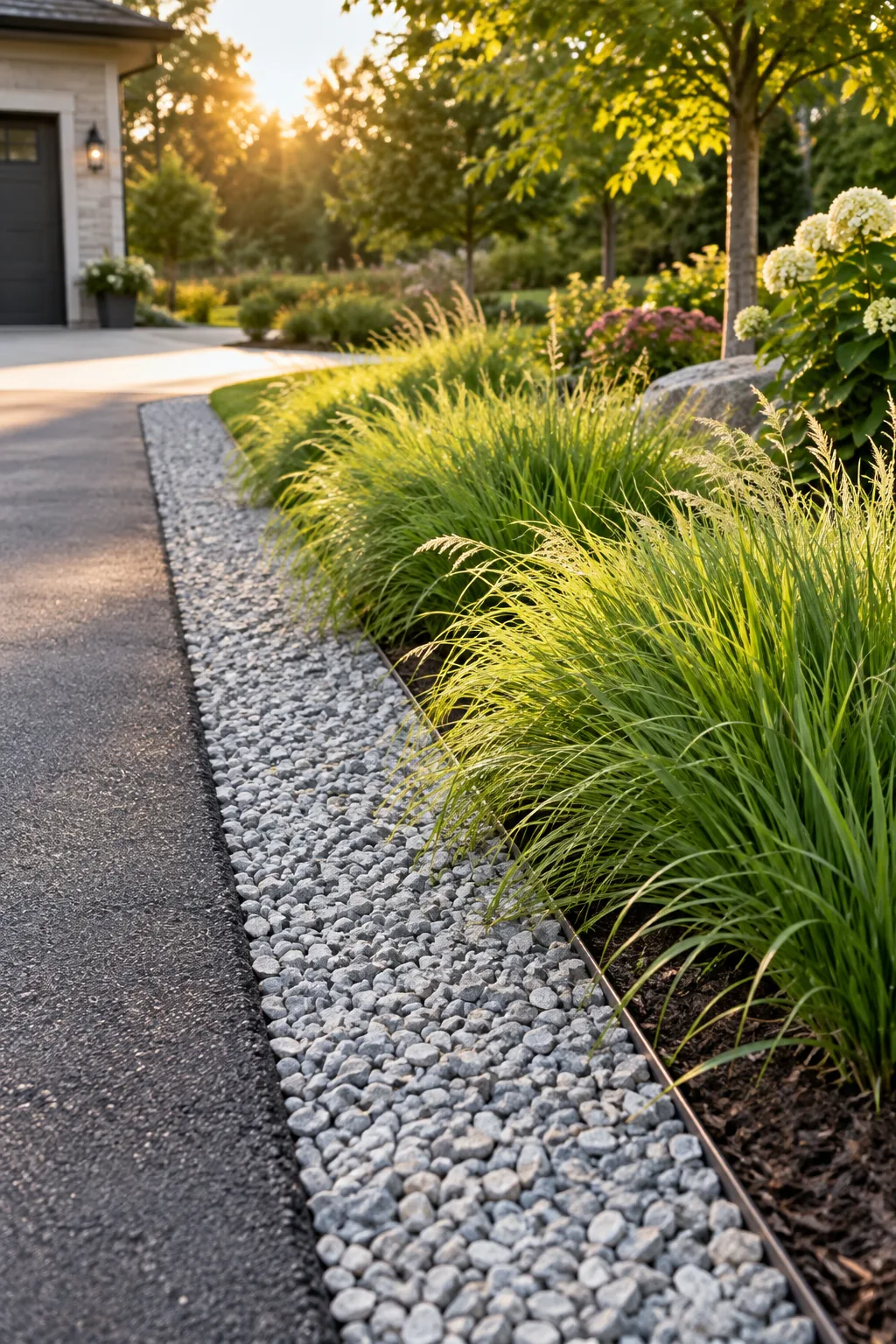 A lush, well-maintained driveway border in late summer with neat gravel and full grasses.