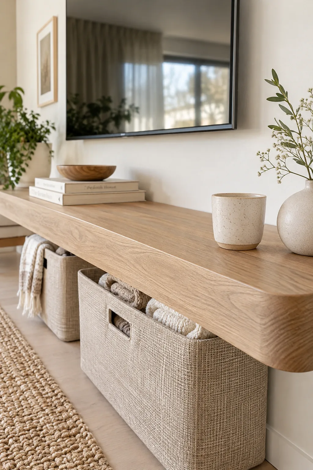 Wall-to-wall floating wood console under a mounted TV