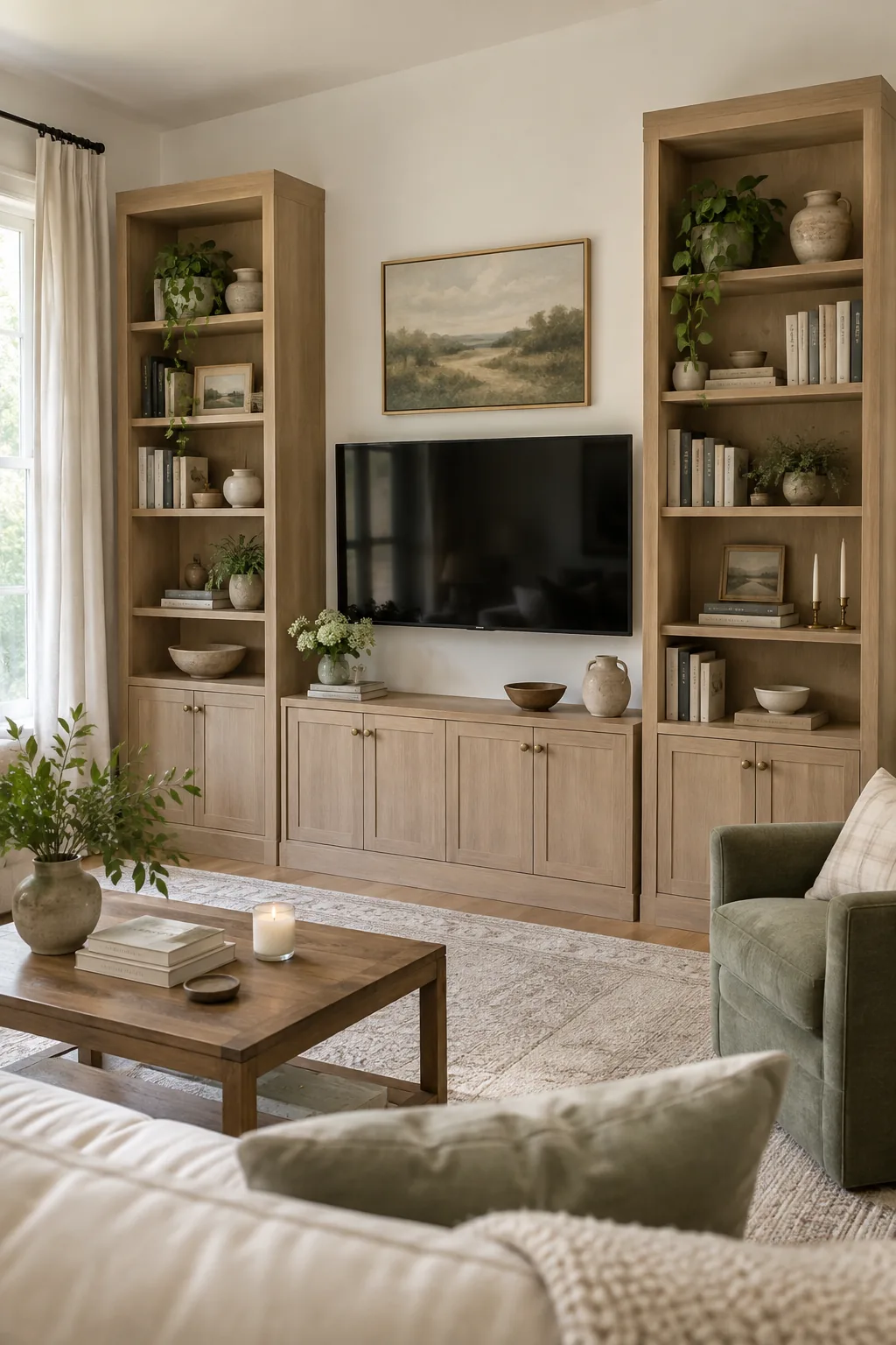 TV mounted between two identical white bookcases with closed bottom cabinets
