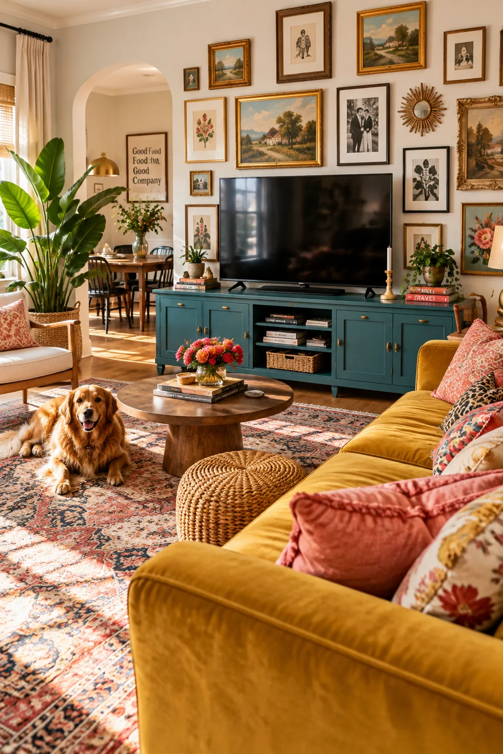 Large TV surrounded by an eclectic gallery wall of framed art