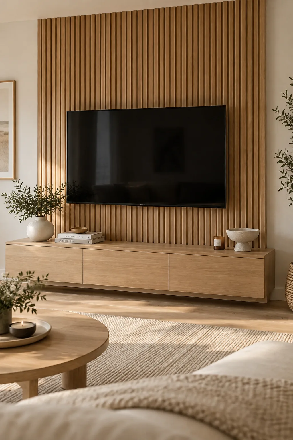 Vertical wood slat accent wall behind a modern media cabinet and TV