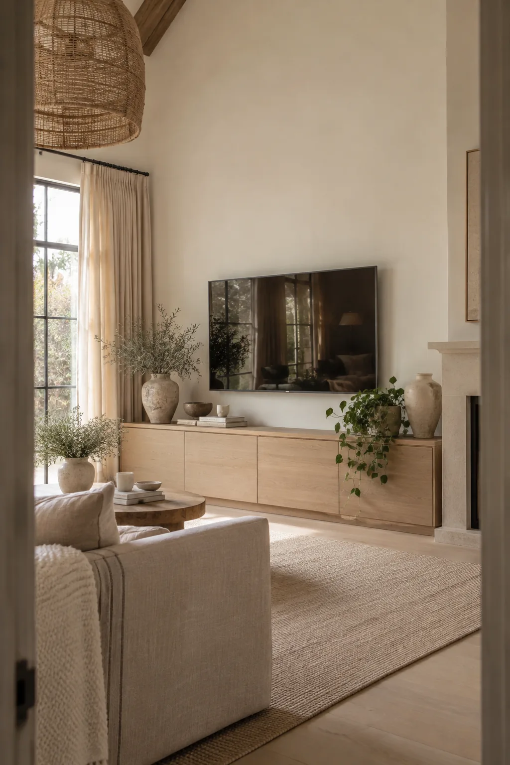Two identical white cabinets pushed together under a TV