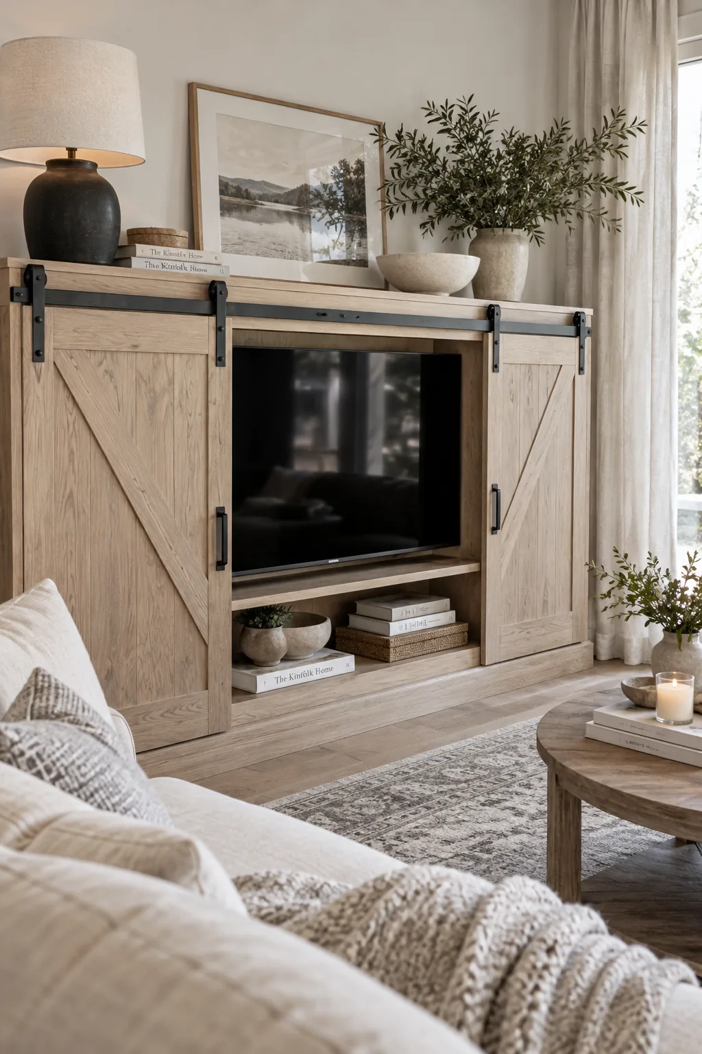 Custom cabinet with sliding doors hiding a television