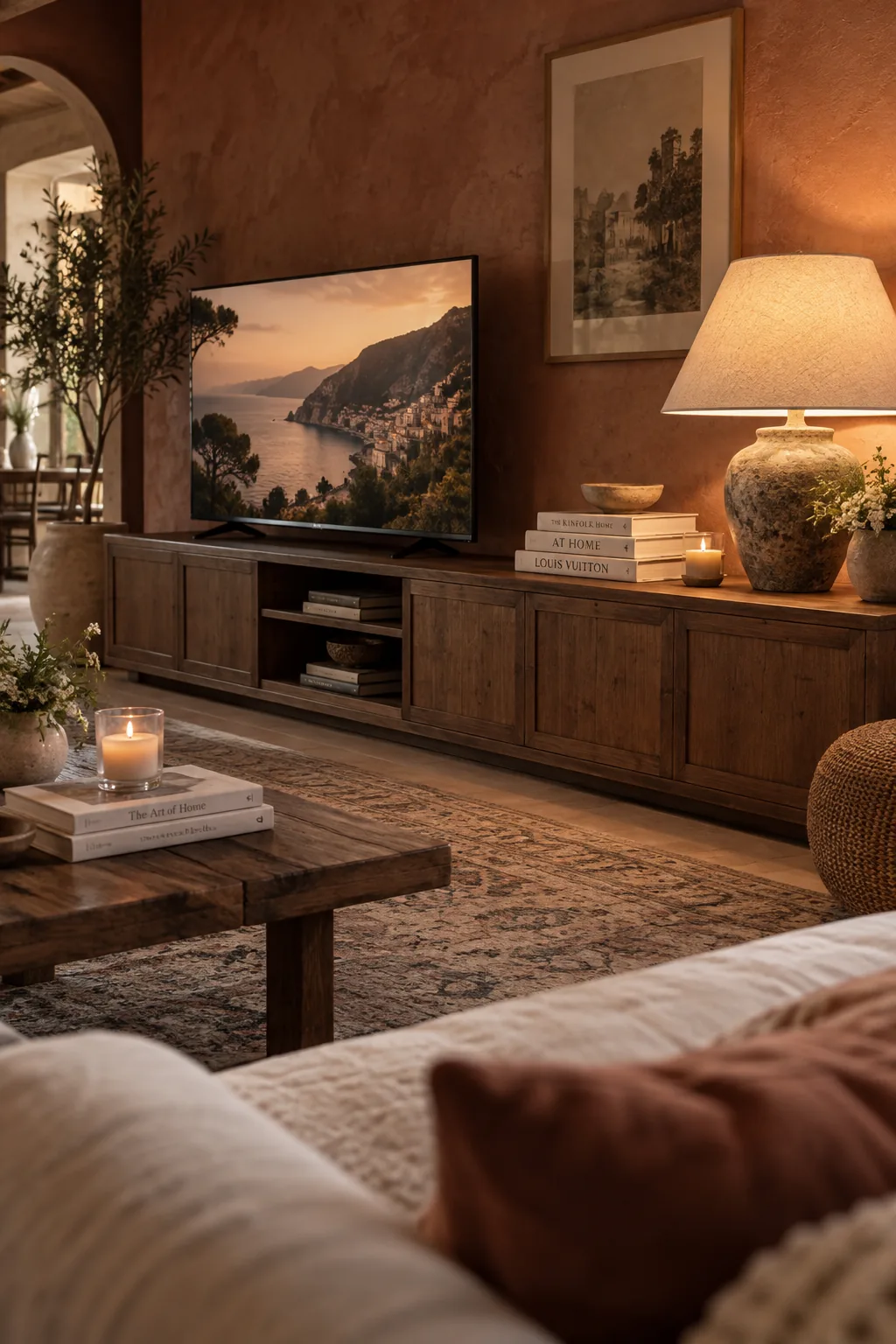TV placed on the left side of a long console with a large lamp on the right
