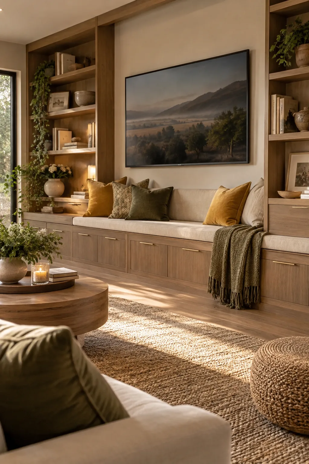 Built-in media console that extends into a cushioned window seat