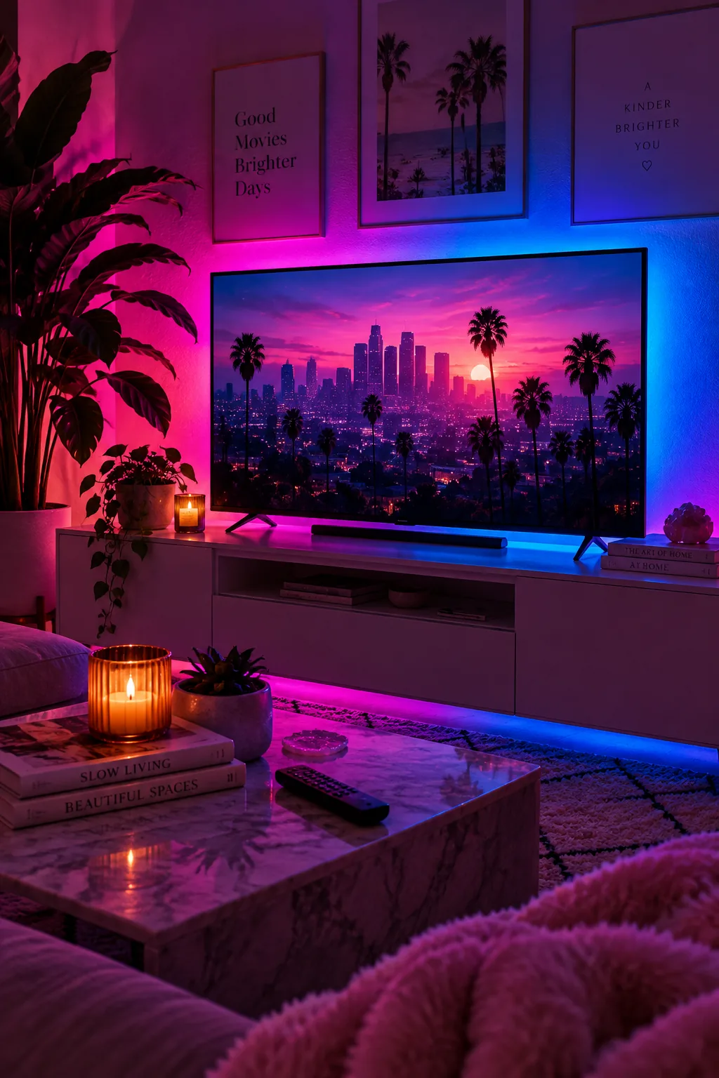 Flat screen TV glowing with warm backlighting in a dark room