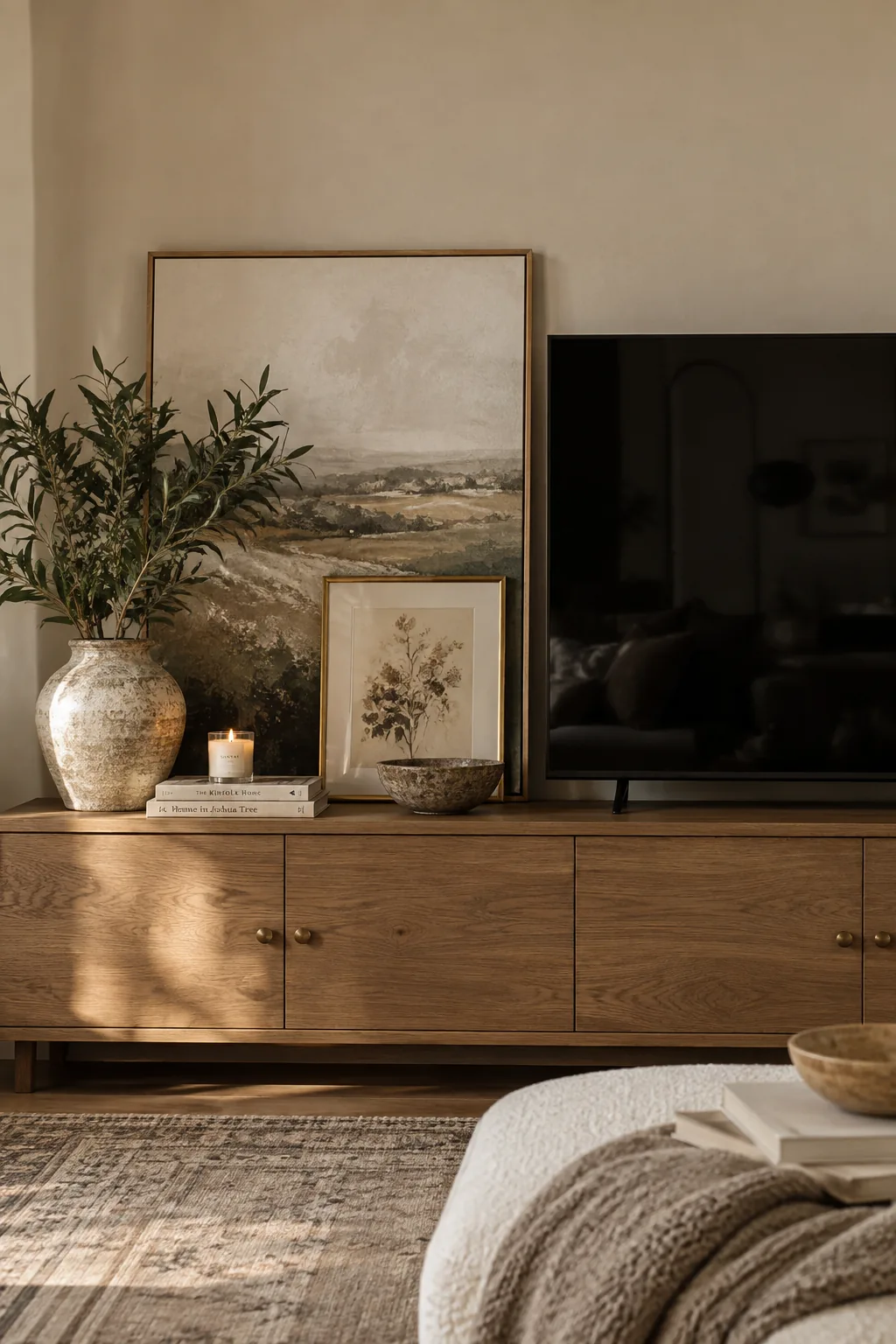 Framed art leaning casually on a media console next to a TV