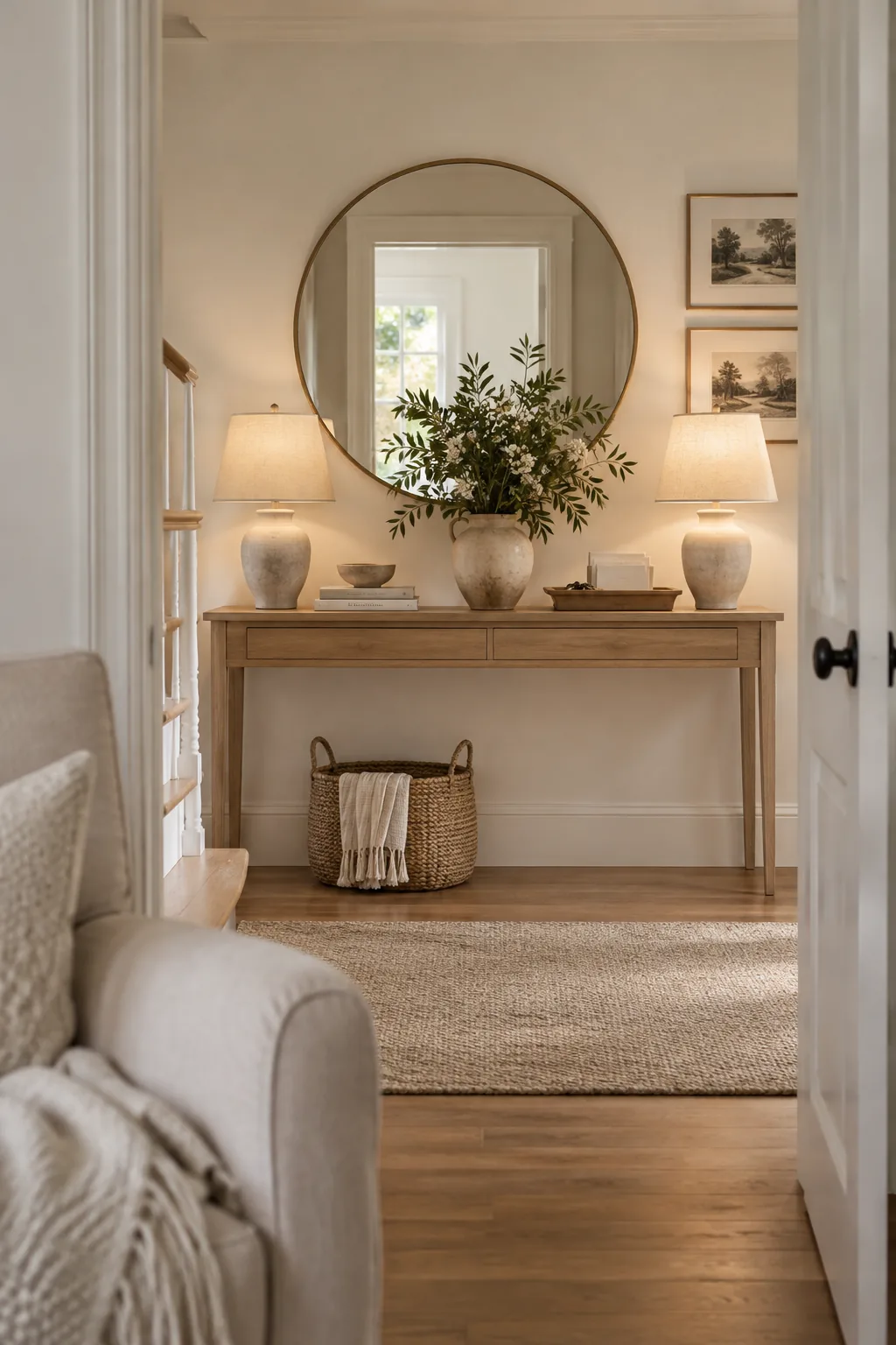 Slim wooden console table in a narrow entry hallway