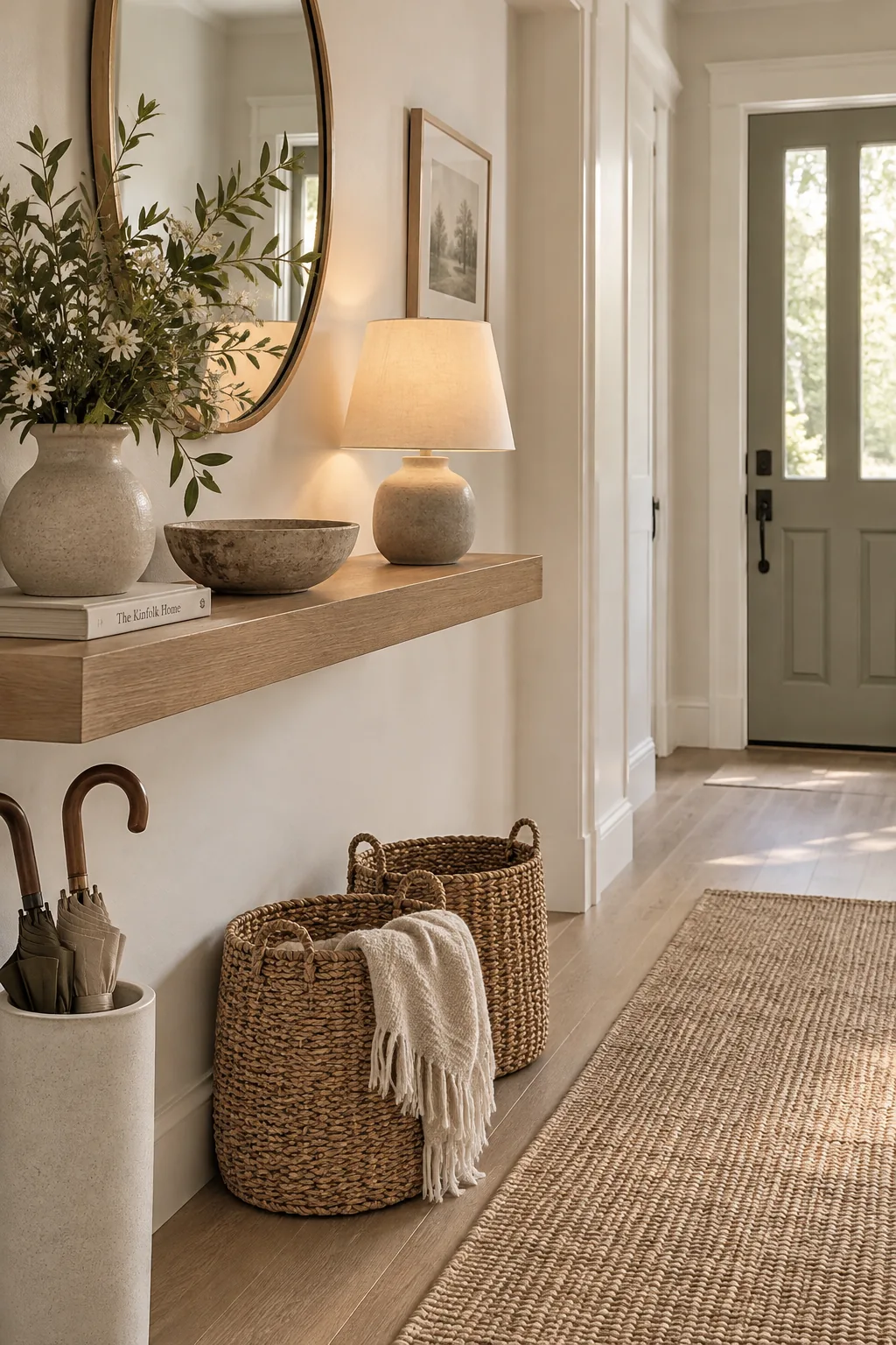Floating wood shelf in a tight entryway with baskets underneath