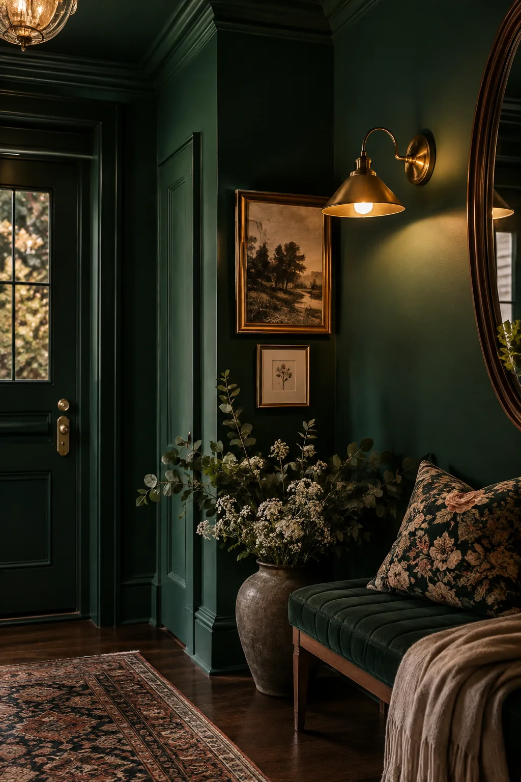 Dark painted entryway with moody lighting