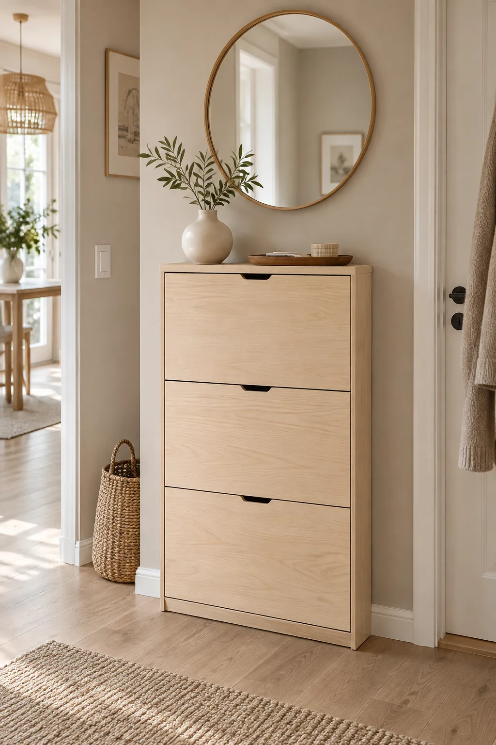 Slim closed shoe cabinet against a hallway wall