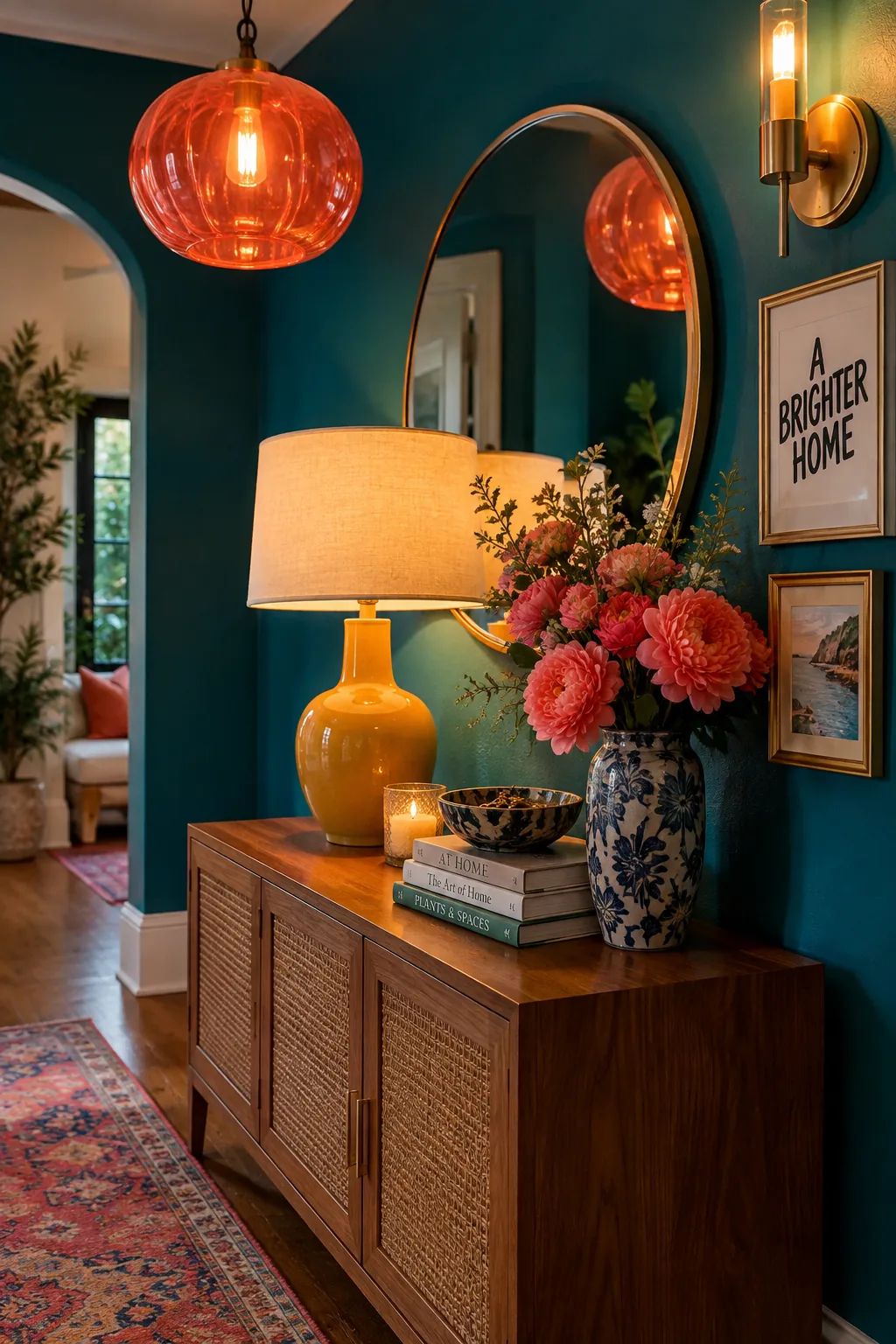 Entryway with flush mount ceiling light, sconces, and a table lamp