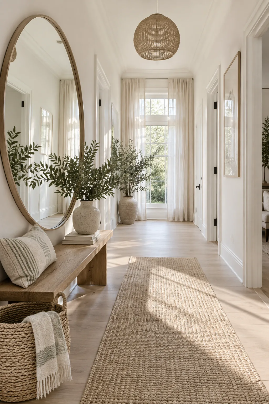 Oversized round mirror hanging above an entry console