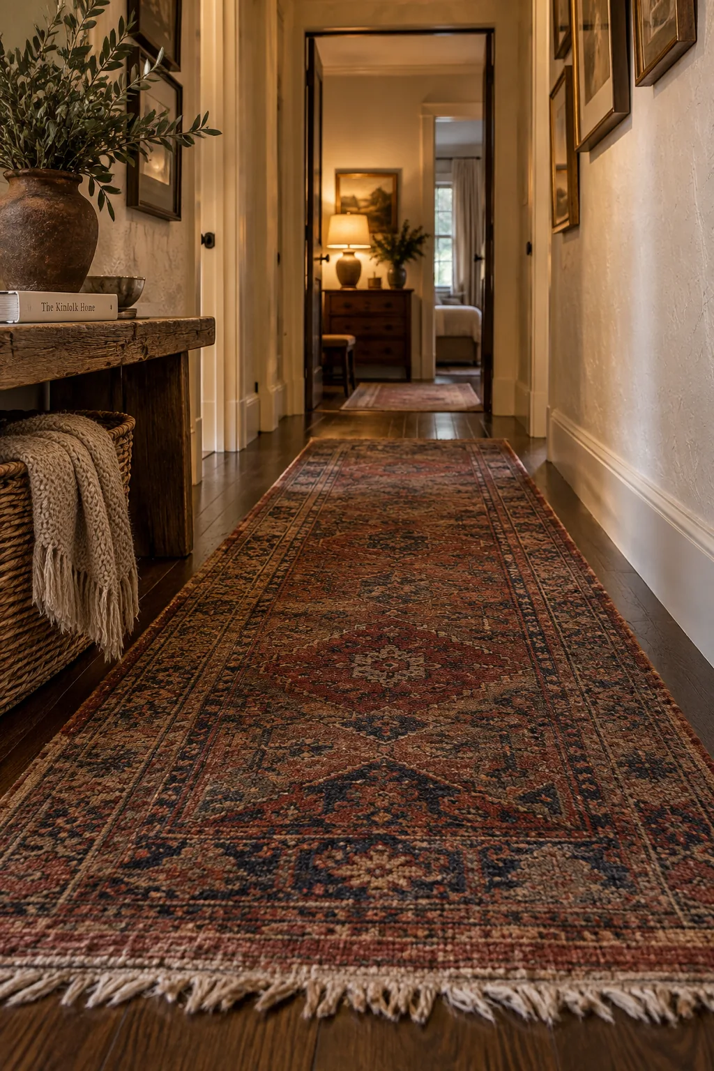 Vintage runner rug stretching down a long hallway
