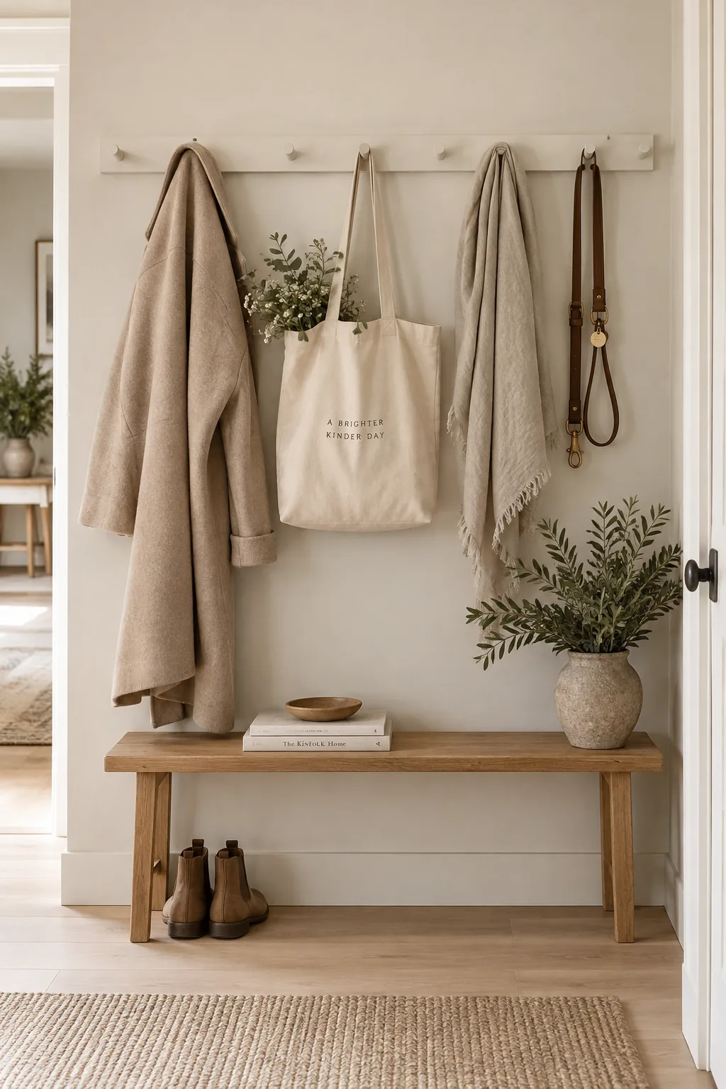 Long wooden peg rail wall with coats and bags hanging