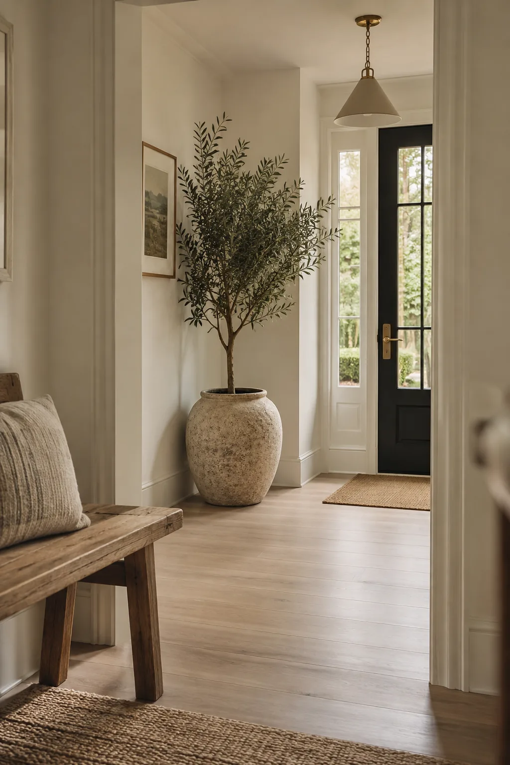 Tall potted olive tree in the corner of an entryway