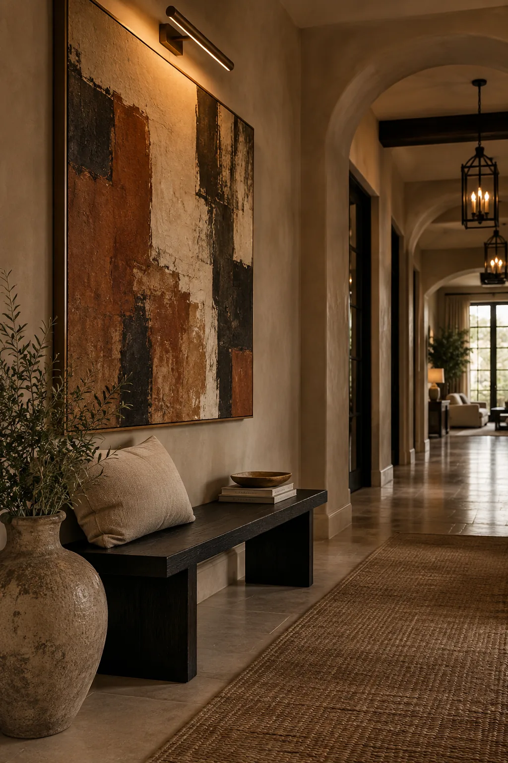 Large statement abstract art piece above an entryway bench