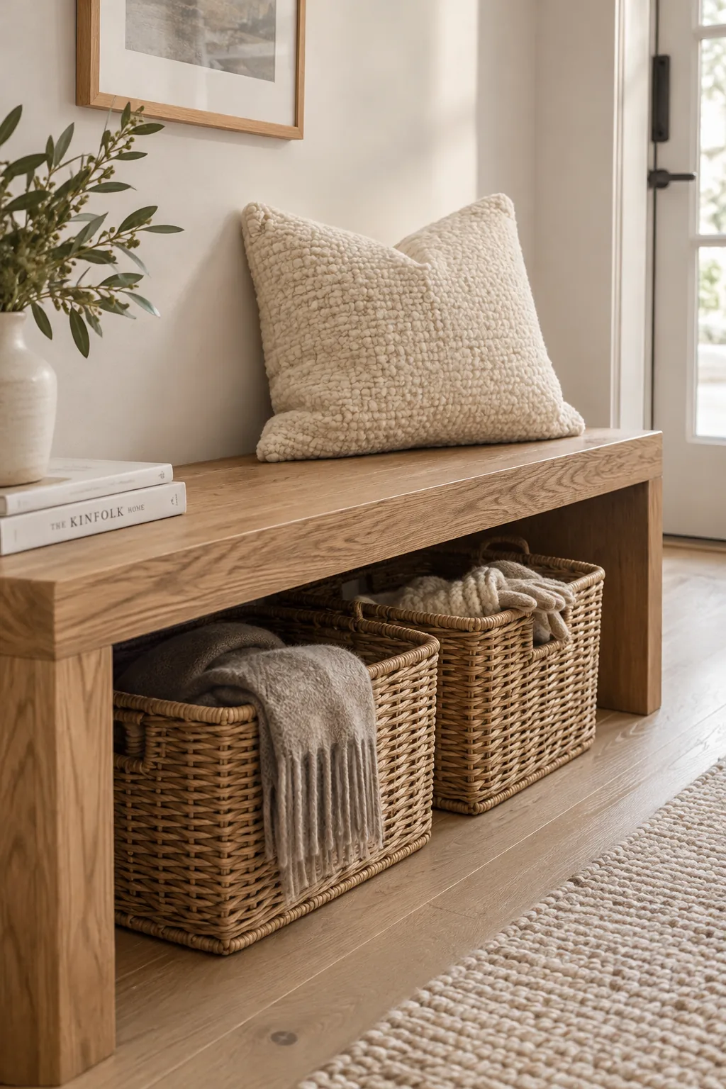 Low profile wooden bench with woven baskets underneath