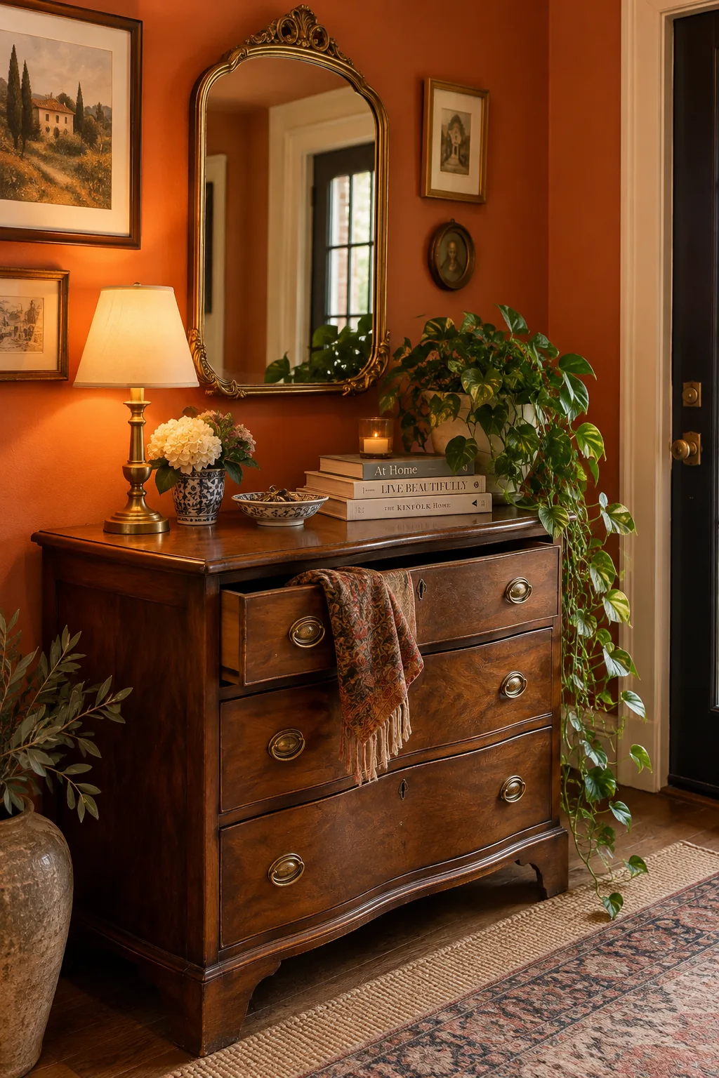 Antique wood dresser styled as an entryway console