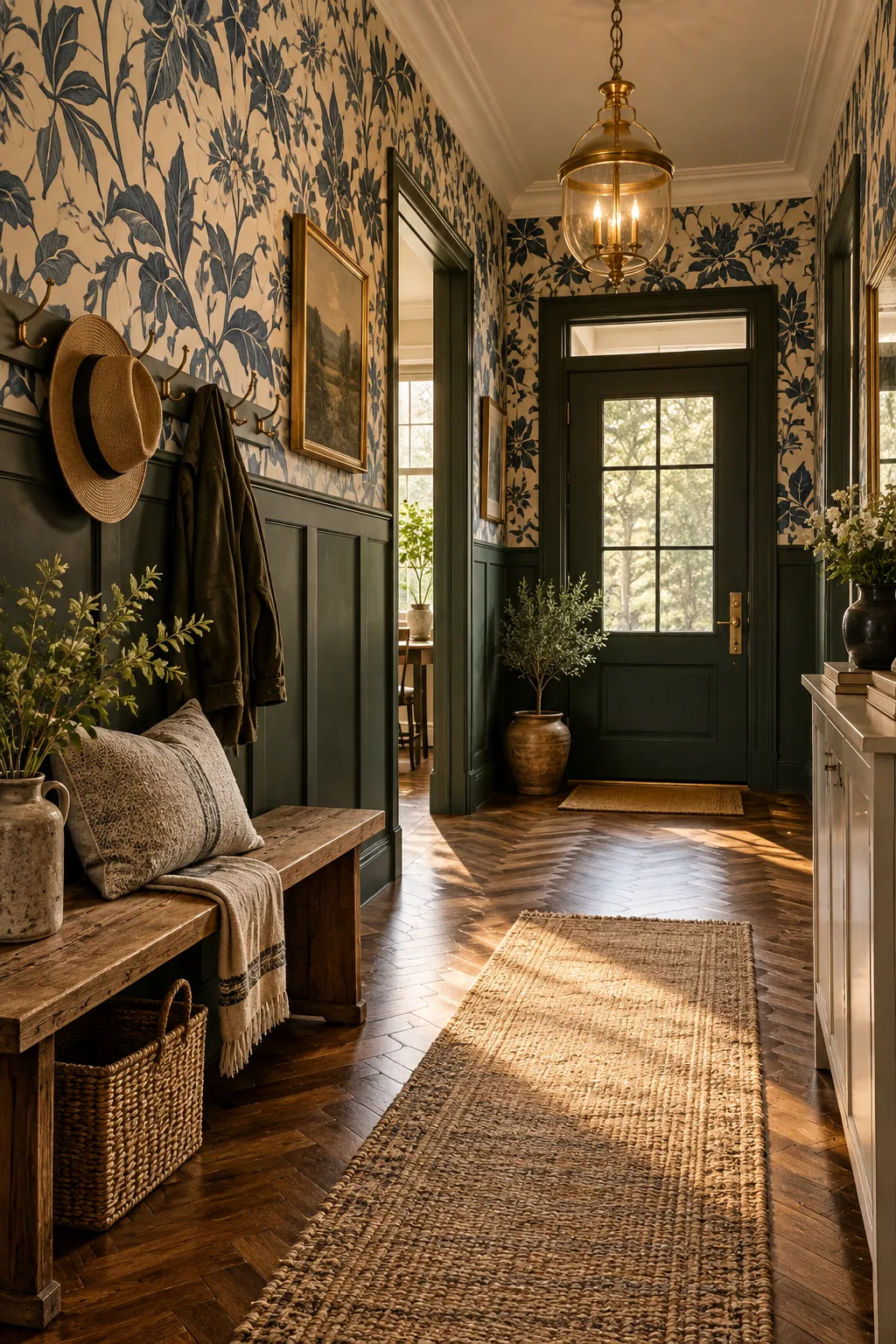 White board and batten wainscoting in a hallway with wallpaper above