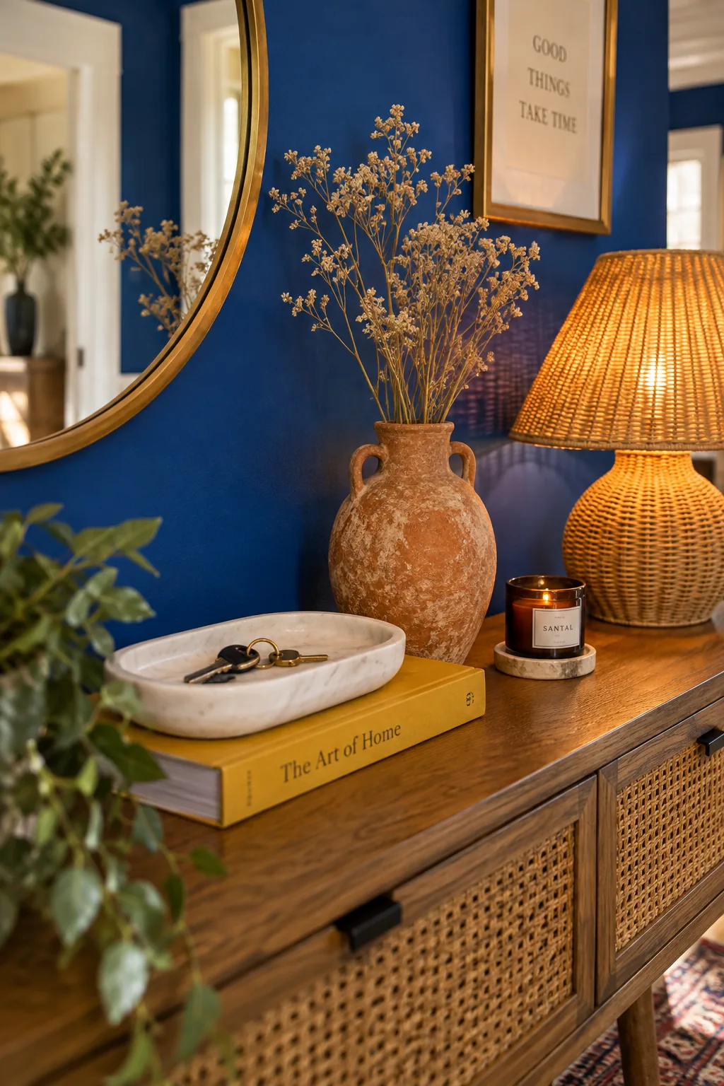 Entry table styled with a marble tray, terracotta vase, and rattan lamp