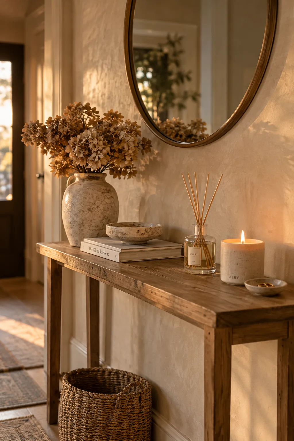 Glass reed diffuser sitting on a styled entry table