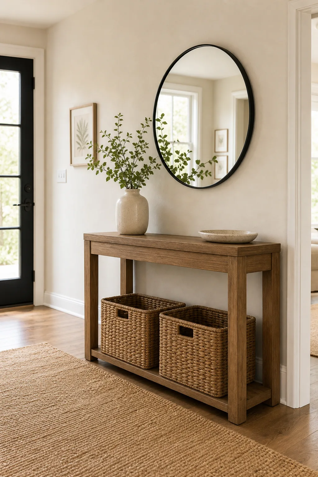 A slim wooden console table standing against a light beige wall in a bright entryway.
