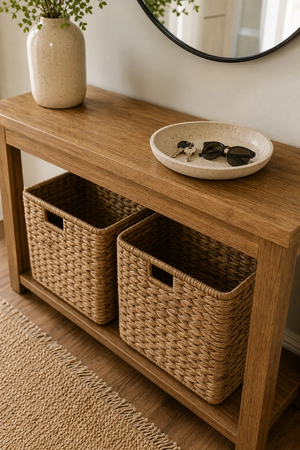 Two woven seagrass baskets tucked neatly underneath a wooden console table.