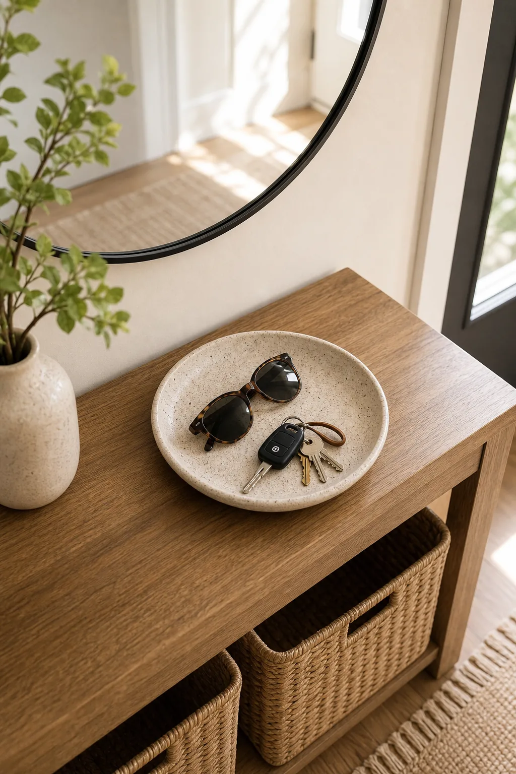 Overhead view of a ceramic catch-all tray holding keys and sunglasses on a wooden table.